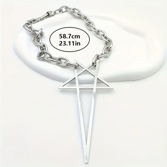 Oversized Punk Gothic Emo Geometric Silver Star Cross Pendant Necklace - Picture 4 of 6
